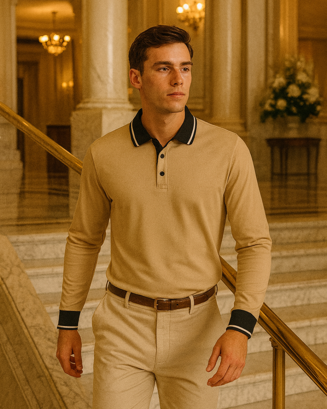 CONTRAST-COLLAR LONG-SLEEVE POLO