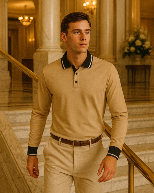 CONTRAST-COLLAR LONG-SLEEVE POLO